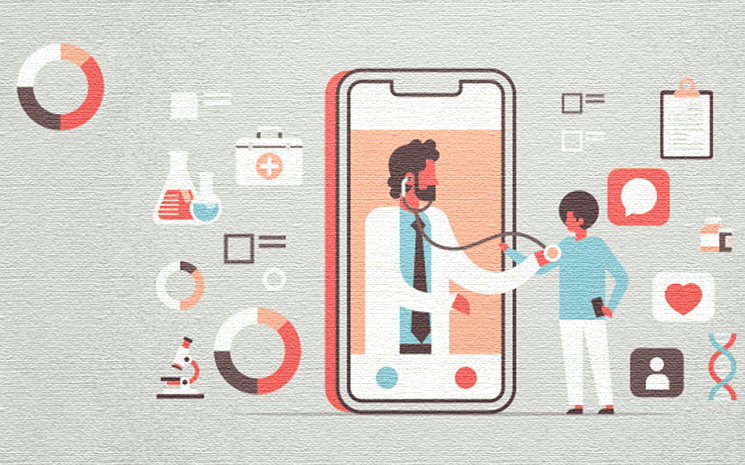 Na imagem, ilustração em desenho com um celular e um médico saindo da tela e atendendo uma pessoa. A imagem tenta relacionar com o crescimento da telemedicina e das healthtechs no Brasil.