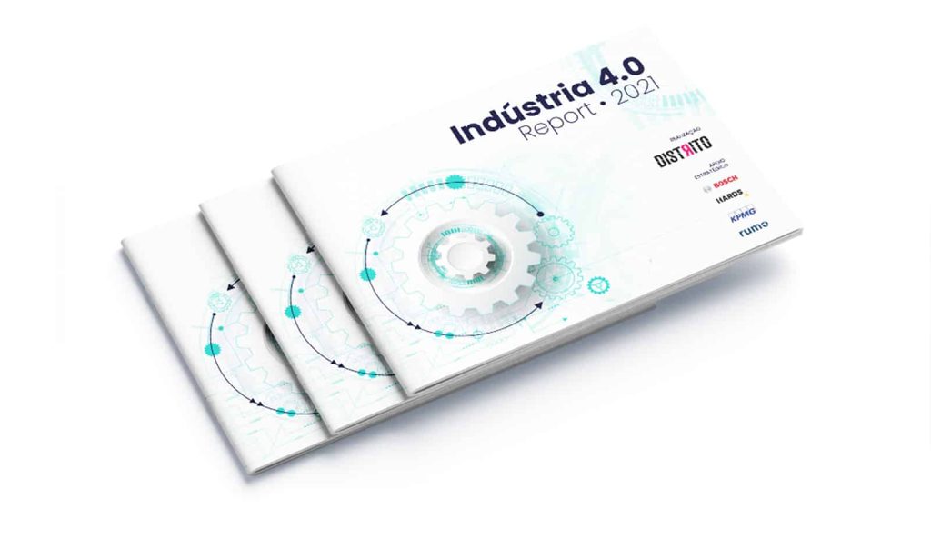 Na imagem, você vê a capa do estudo Distrito Indústria 4.0 Report 2021. A capa é com fundo branco, com o título mais acima (à direita) e ao lado (à esquerda) alguns símbolos circulares que remetem à indústria.