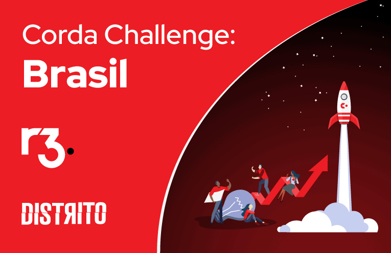 A imagem é um banner vermelho com o desenho de um foguete decolando. Do lado esquerdo está escrito: Corda Challenge Brasil e os logos do Distrito e R3